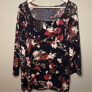 Alex Marie Blouse Women 2X Black Dark Floral 3/4 Sleeve Polyester Spandex Office